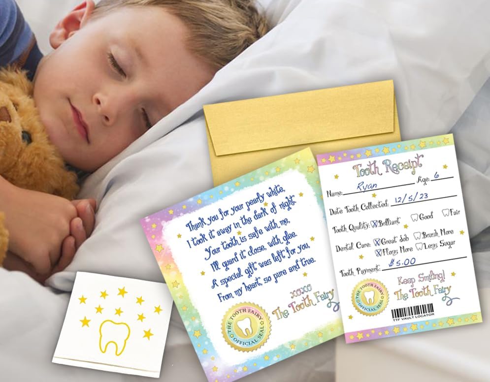 The Tooth Fairy Helper's Kit - Magical Keepsake Gift with Tooth Pouch, 10 Unique Tooth Fairy Cards, 10 Tooth Fairy Receipts, 10 Golden Envelopes, First ToothFairy Visit