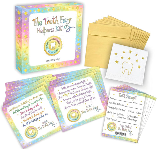 The Tooth Fairy Helper's Kit - Magical Keepsake Gift with Tooth Pouch, 10 Unique Tooth Fairy Cards, 10 Tooth Fairy Receipts, 10 Golden Envelopes, First ToothFairy Visit
