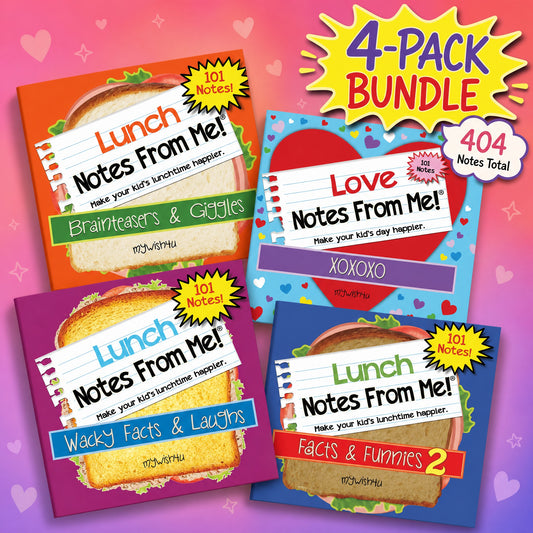 The Smart & Sweet Pack – 404 Kids Lunch Box Notes (4-Pack) | Jokes, Brain Teasers & Love Notes, Tear-Off, Ages 8+